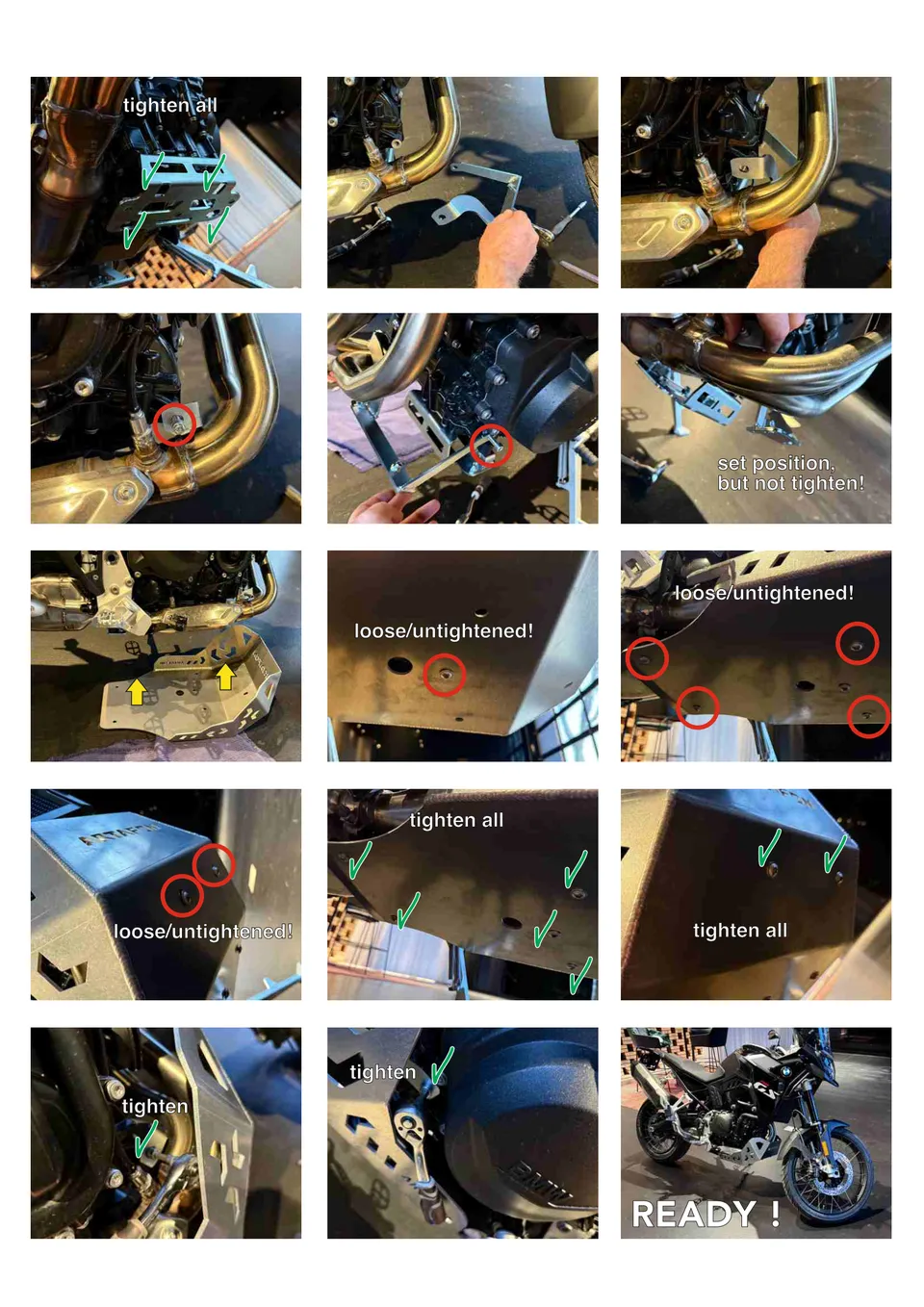How to install the SP20 skid plate on the BMW F 800 GS 2024–2026 (2/2): tighten all, tighten