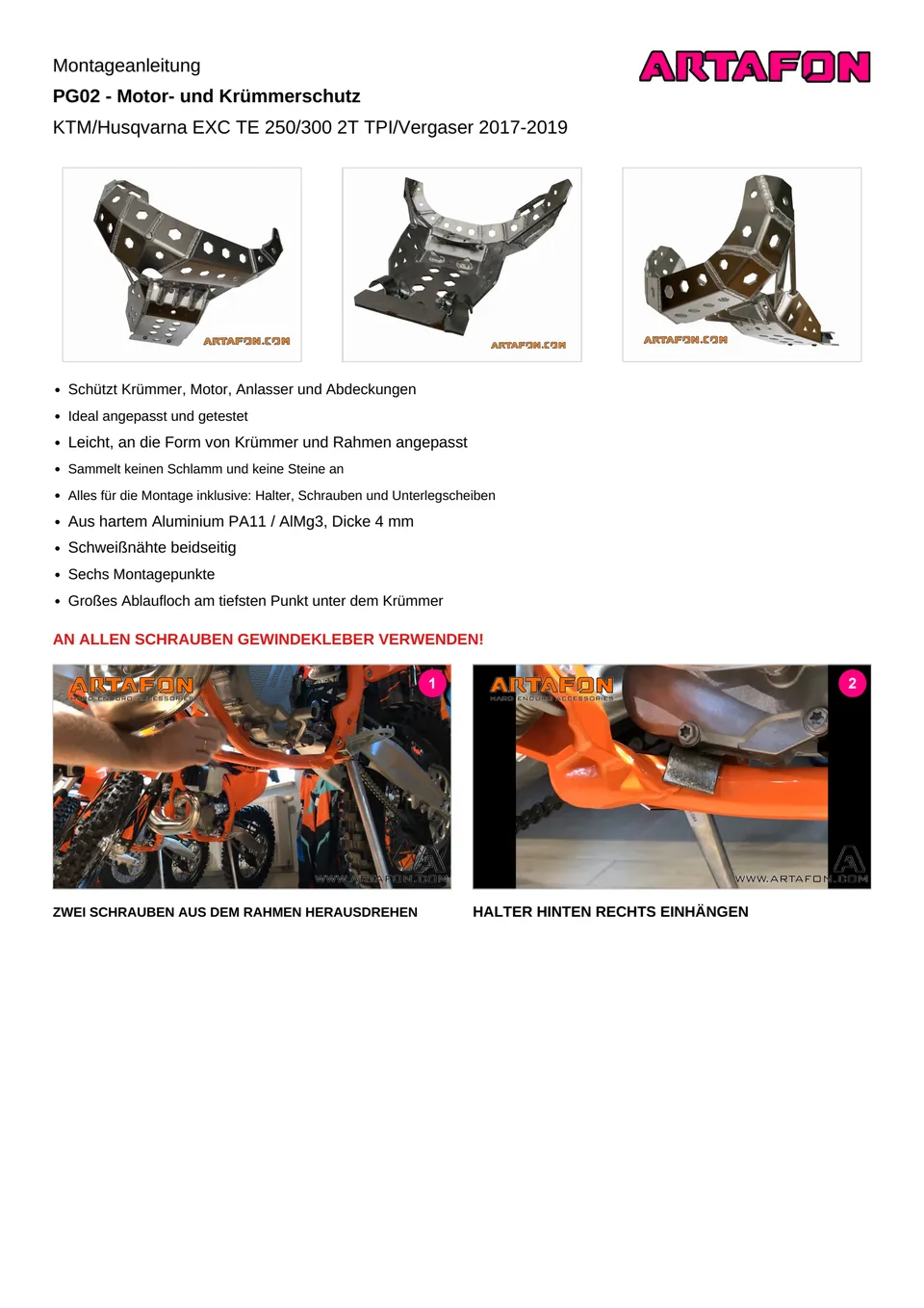 Motor- und Krümmerschutz PG02 an KTM und Husqvarna 250/300 2T 2017–2019 montieren (1/3): Montageanleitung, Schweißnähte beidseitig, Sechs Montagepunkte
