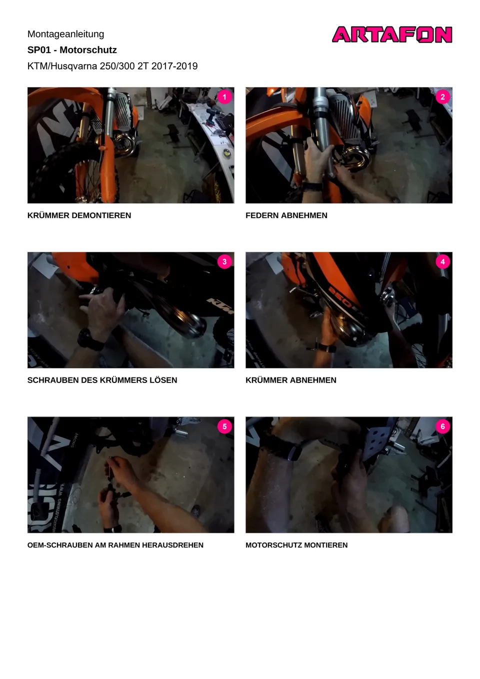 Motorschutz SP01 an KTM und Husqvarna 250/300 2T 2017–2019 montieren (1/2): Montageanleitung, KRÜMMER DEMONTIEREN, FEDERN ABNEHMEN, KRÜMMER ABNEHMEN, MOTORSCHUTZ MONTIEREN