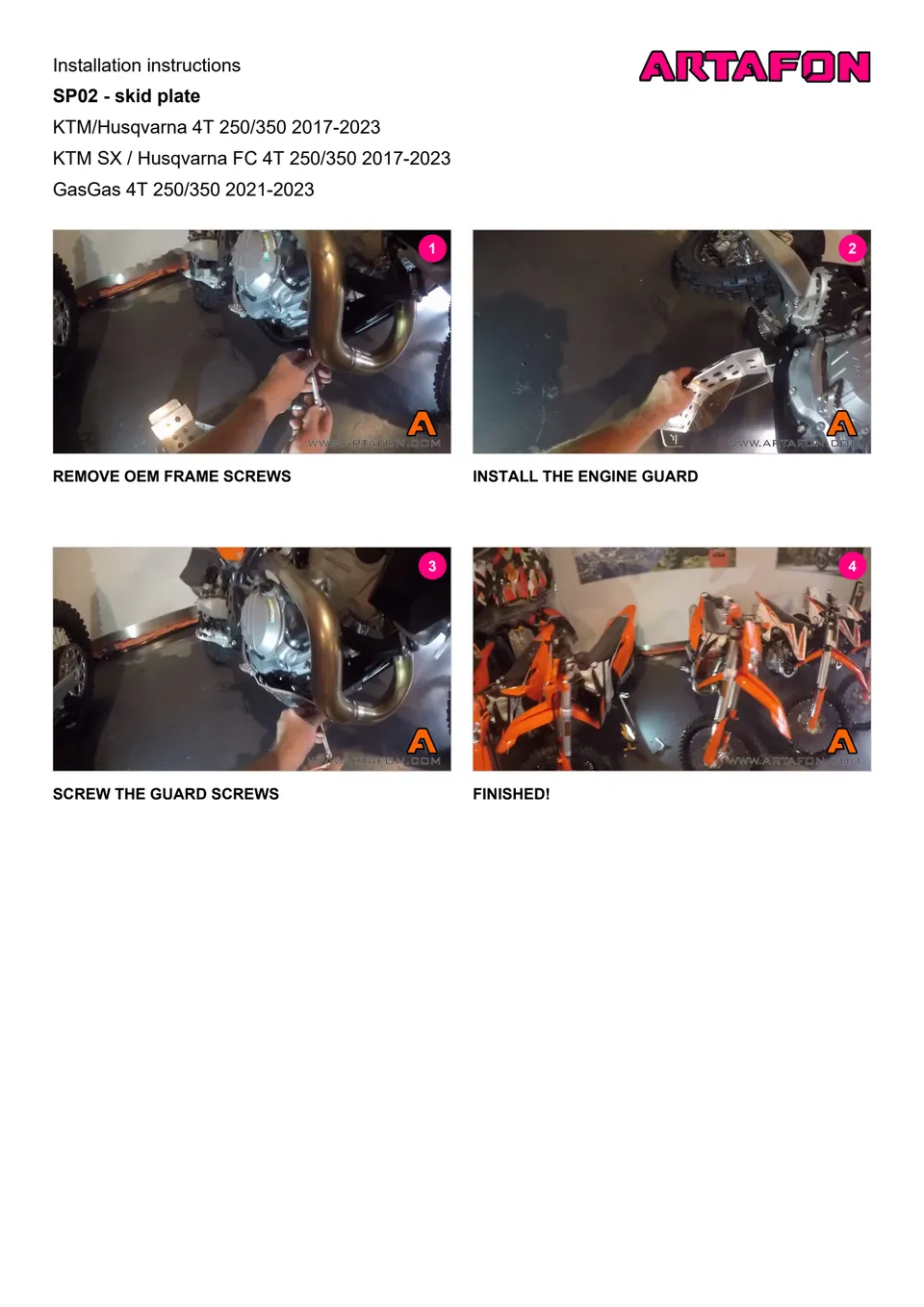 How to install the SP02 skid plate on KTM, Husqvarna and GasGas 4T 250/350 2017–2023 (1/1): Installation instructions
