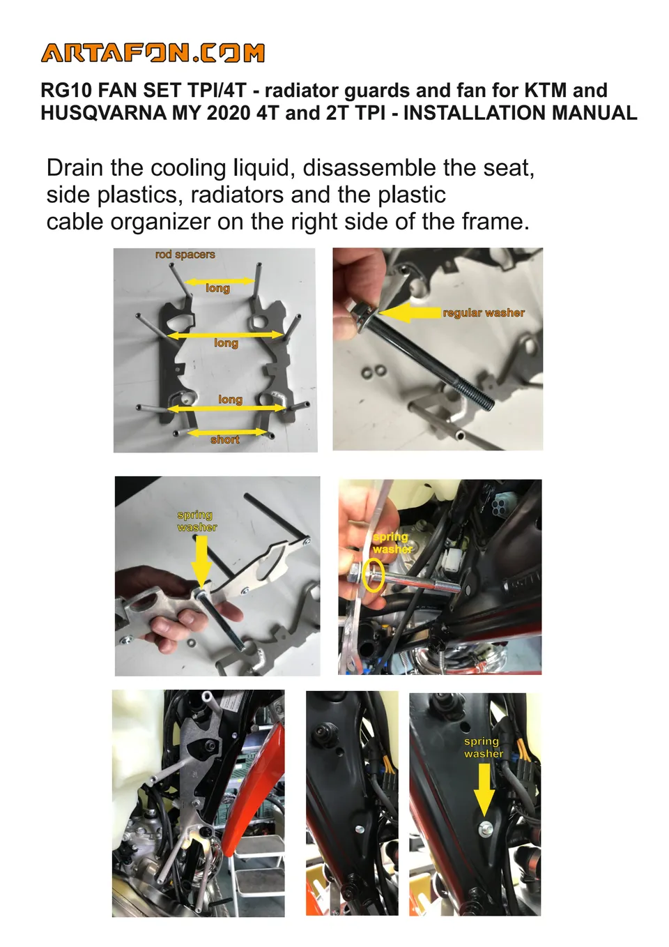 How to install the RG10 Fan Set (radiator guards + fan kit) on KTM, Husqvarna and GasGas 2020–2023 (1/6): rod spacers, long, regular washer, short, spring washer