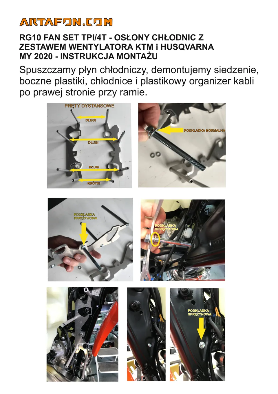 Jak zamontować osłony chłodnic z zestawem wentylatora RG10 Fan Set w KTM, Husqvarna i GasGas 2020–2023 (1/6): PRĘTY DYSTANSOWE, DŁUGI, PODKŁADKA NORMALNA, KRÓTKI, PODKŁADKA SPRĘŻYNOWA