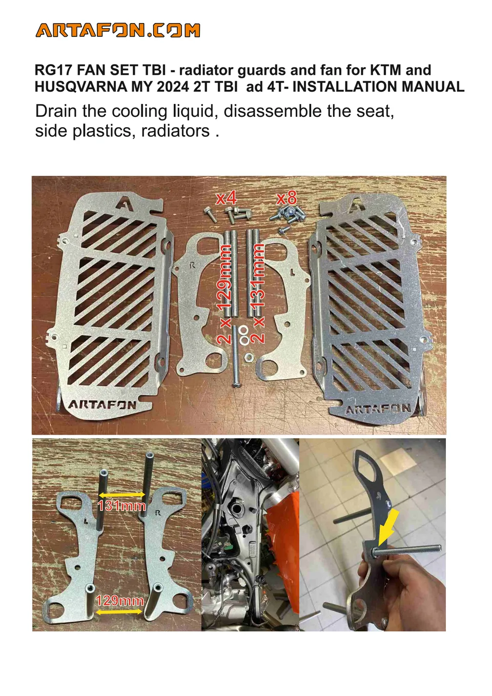 How to install RG17 radiator guards (with or without fan) on KTM, Husqvarna and GasGas TBI 2024–2027 (1/5): 131mm, 129mm