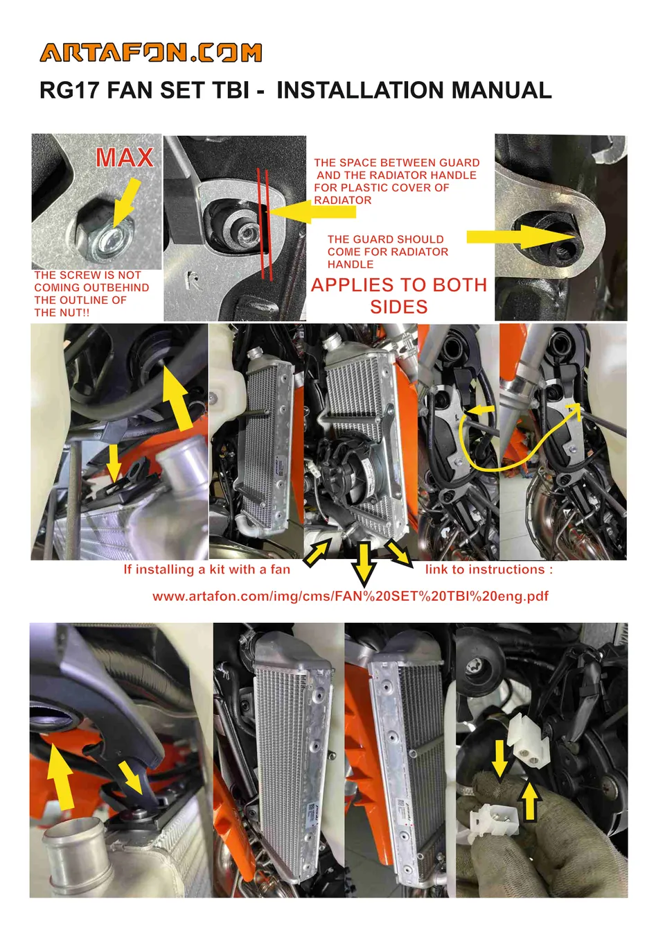 How to install RG17 radiator guards (with or without fan) on KTM, Husqvarna and GasGas TBI 2024–2027 (3/5): MAX, www.artafon.com/img/cms/FAN%20SET%20TBI%20eng.pdf