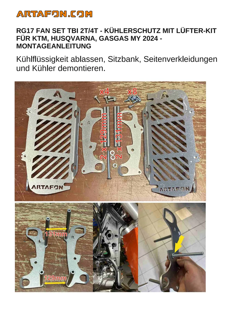 Kühlerschutz RG17 (mit oder ohne Lüfter) an KTM, Husqvarna und GasGas TBI 2024–2027 montieren (1/5): 131mm, 129mm