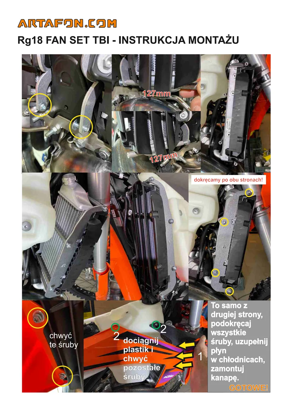 Jak zamontować osłony chłodnic RG18 (z wentylatorem i bez) w KTM, Husqvarna i GasGas TBI 2024–2027 (4/4): 127mm