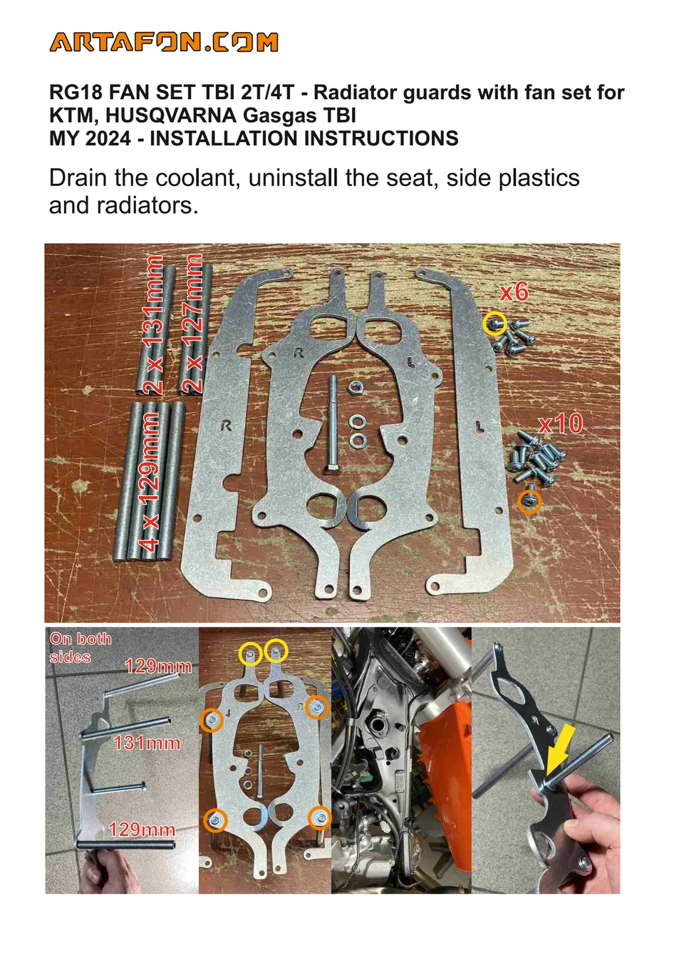 How to install RG18 radiator guards (with or without fan) on KTM, Husqvarna and GasGas TBI 2024–2027 (1/4): 129mm, 131mm