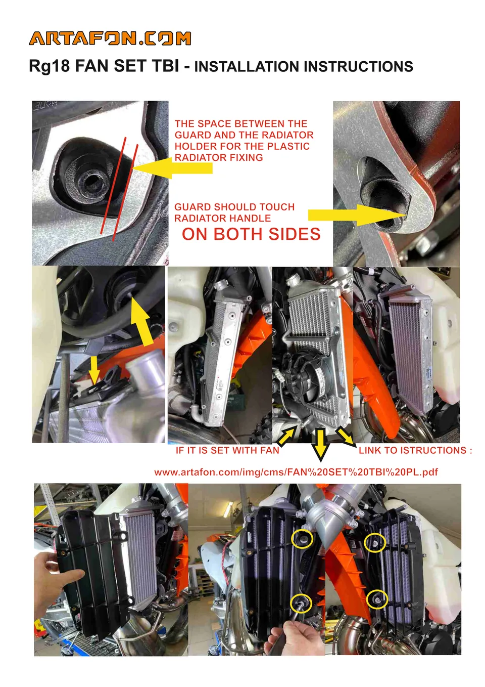 How to install RG18 radiator guards (with or without fan) on KTM, Husqvarna and GasGas TBI 2024–2027 (3/4): INSTALLATION INSTRUCTIONS, www.artafon.com/img/cms/FAN%20SET%20TBI%20PL.pdf