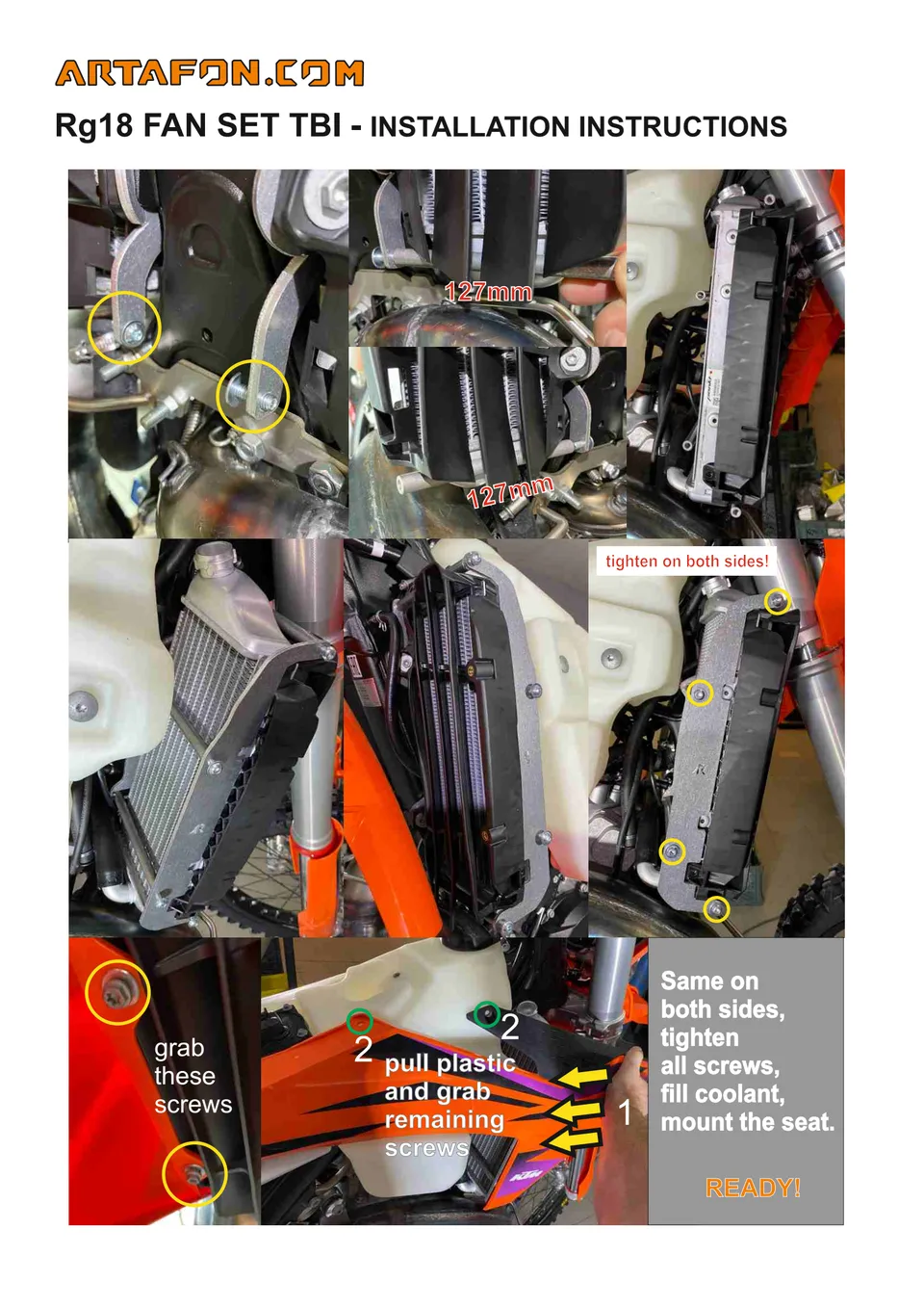 How to install RG18 radiator guards (with or without fan) on KTM, Husqvarna and GasGas TBI 2024–2027 (4/4): INSTALLATION INSTRUCTIONS, 127mm