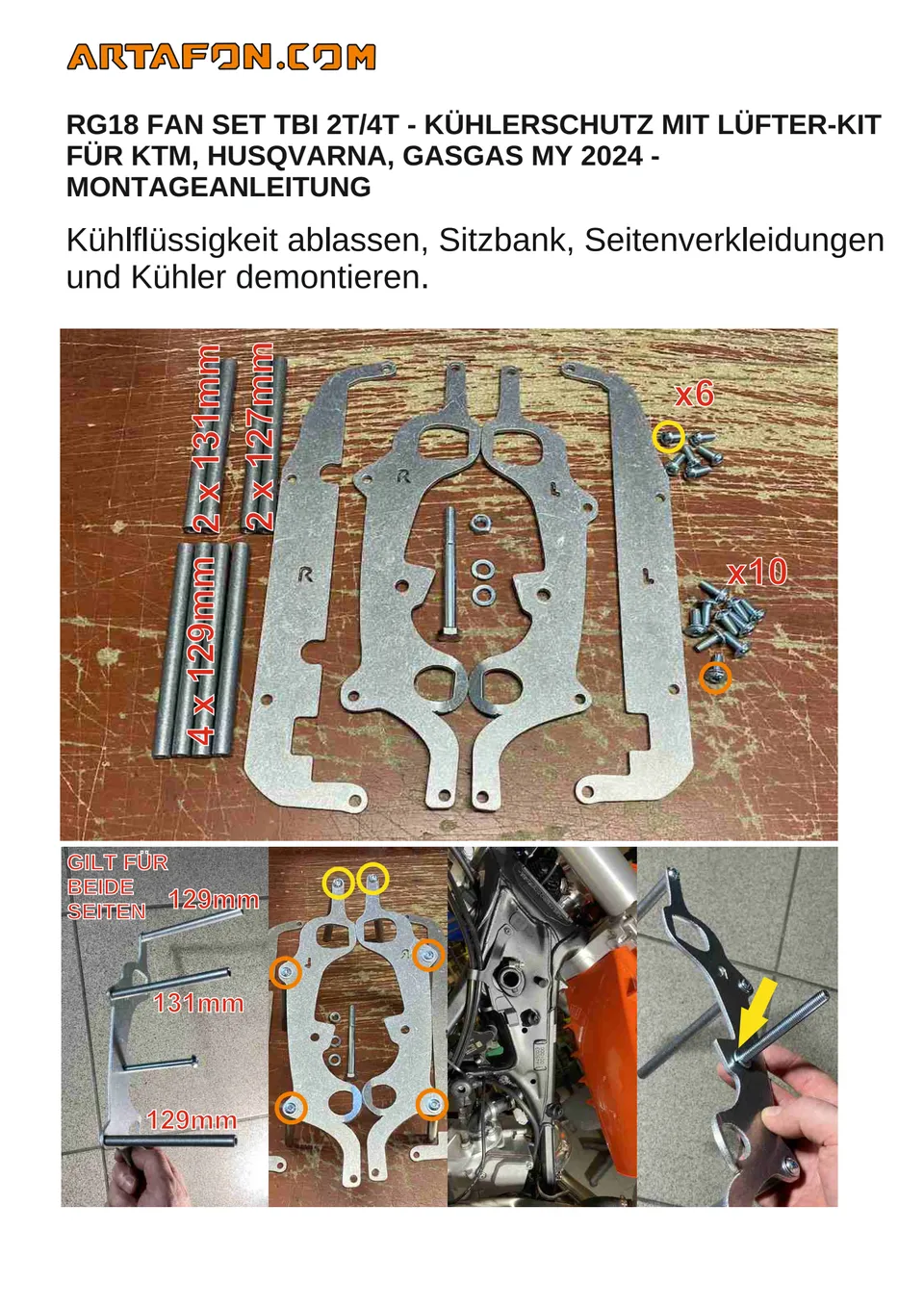 Kühlerschutz RG18 (mit oder ohne Lüfter) an KTM, Husqvarna und GasGas TBI 2024–2027 montieren (1/4): 129mm, 131mm